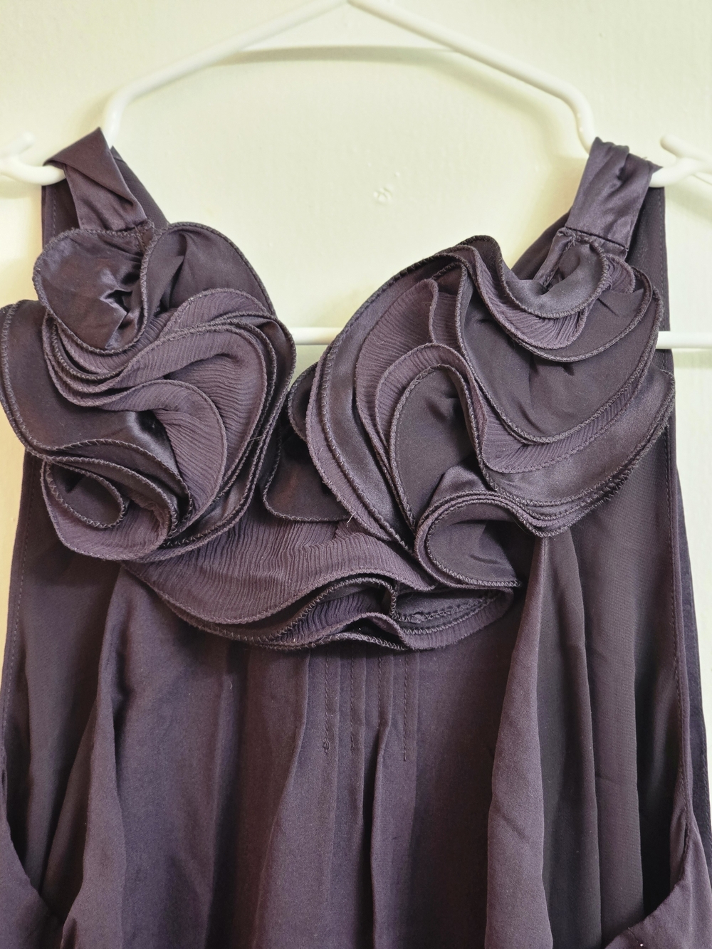 Vintage Deep Plum Silk-Satin Sleeveless Top with Oversized Rosette Ruffle Neckli